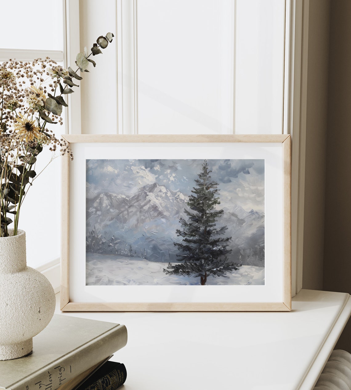 Dark Evergreen Spruce Beneath Stormy Winter Sky Snowy Field Poster - Image 6