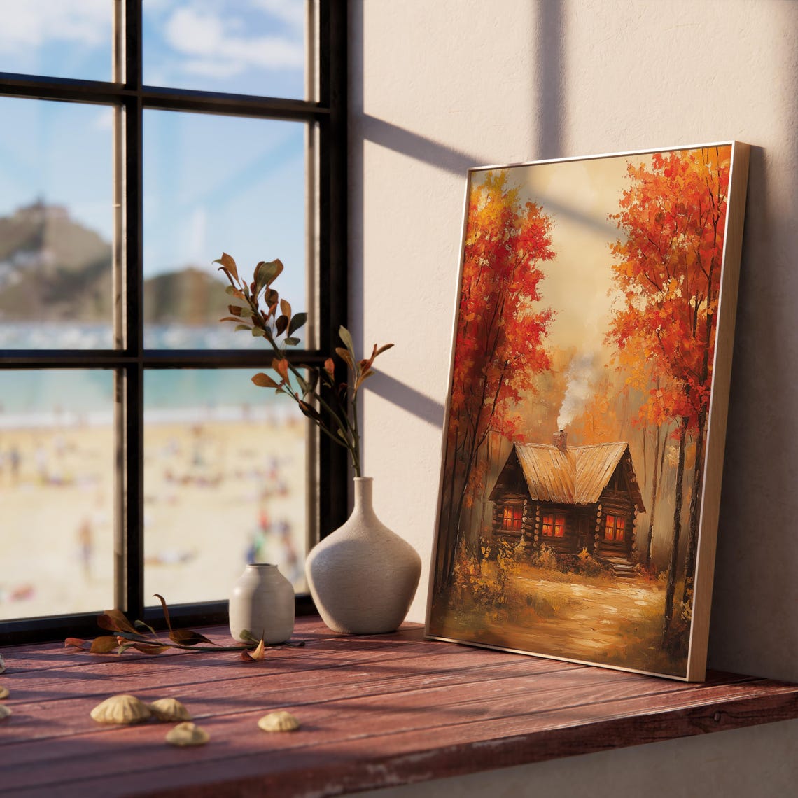 Log Cabin Red Autumn Forest Glowing Windows Fall Woods Poster - Image 5
