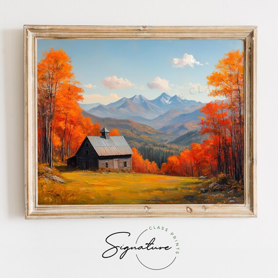 Rustic Barn With Cupola Autumn Trees Snowcapped Mountain Peaks Print