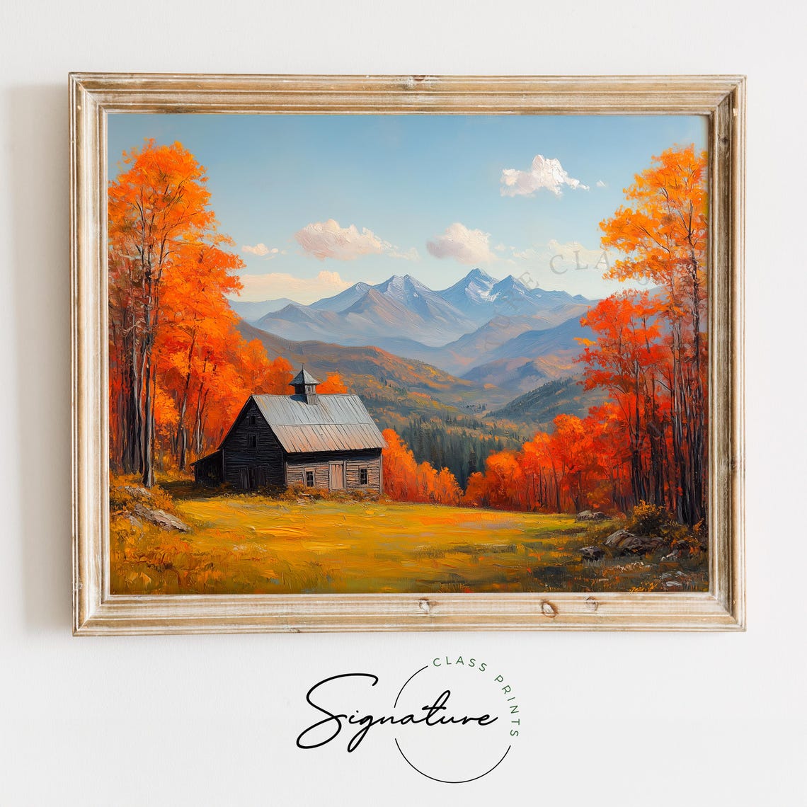 Rustic Barn With Cupola Autumn Trees Snowcapped Mountain Peaks Print