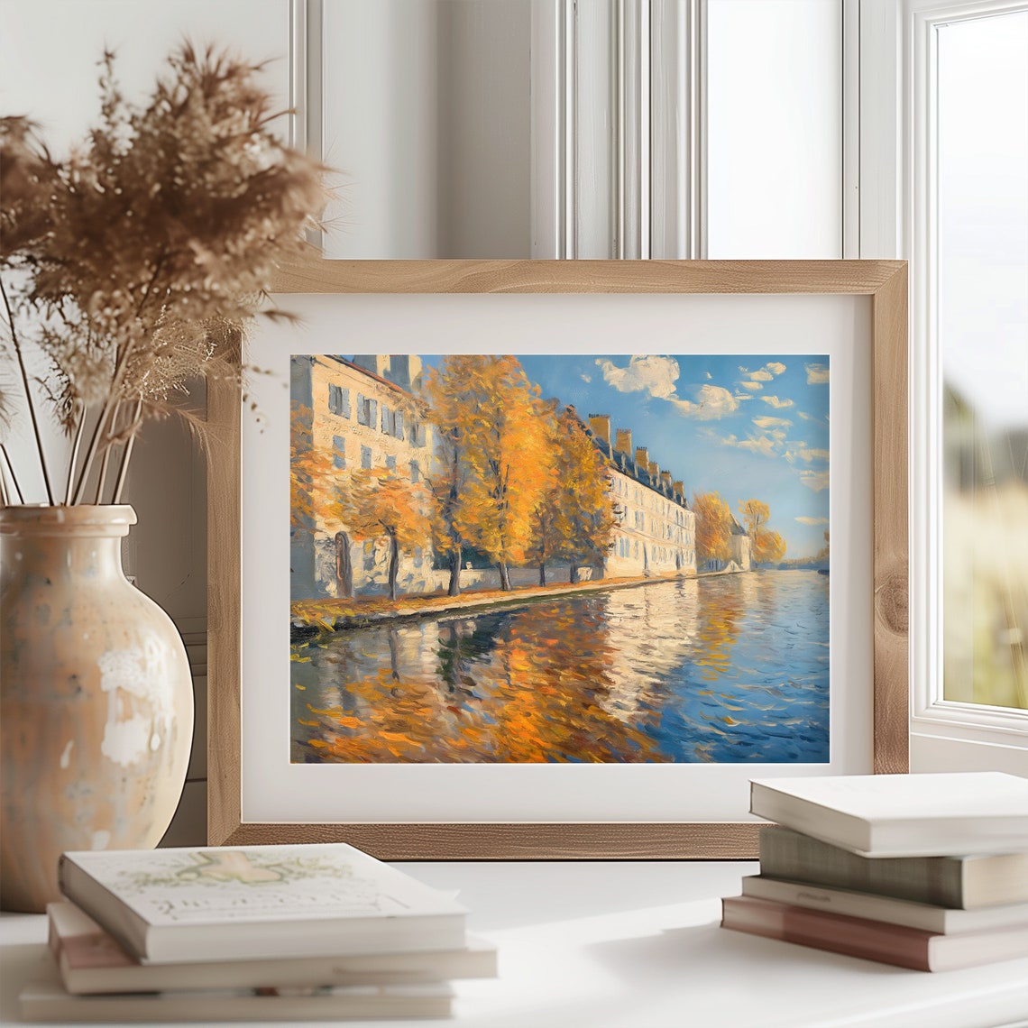 Autumn Riverside City With Fall Trees Reflective Blue Water Poster - Image 2