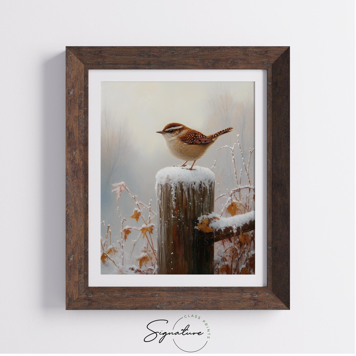 Carolina Wren on Snow Covered Fence Post Winter Wildlife Bird Poster - Image 2