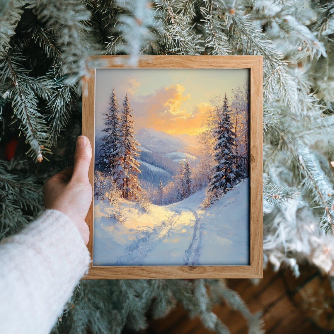 Quiet Winter Path Between Snowy Pines In Soft Sunset Glow Oil Painting Poster - Image 6