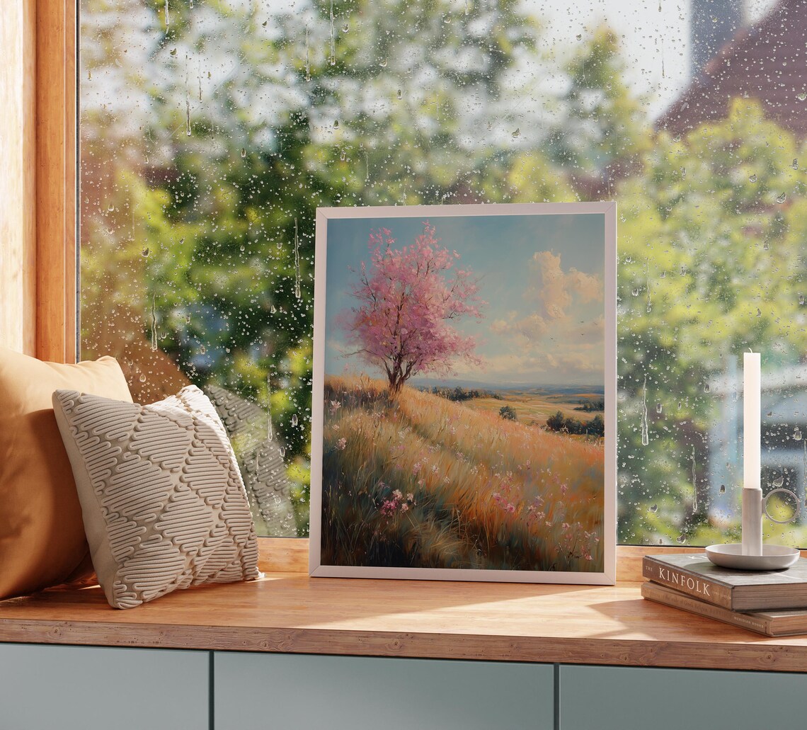 Pastoral Spring Meadow With Blossoming Pink Tree Golden Field Poster - Image 5