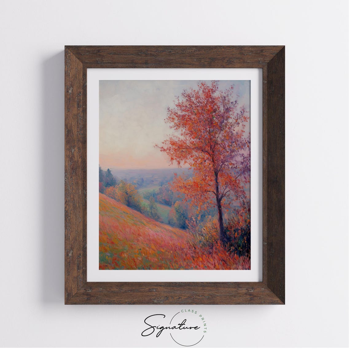 Lone Scarlet Tree Overlooking a Misty Pastel Autumn Valley Poster - Image 4