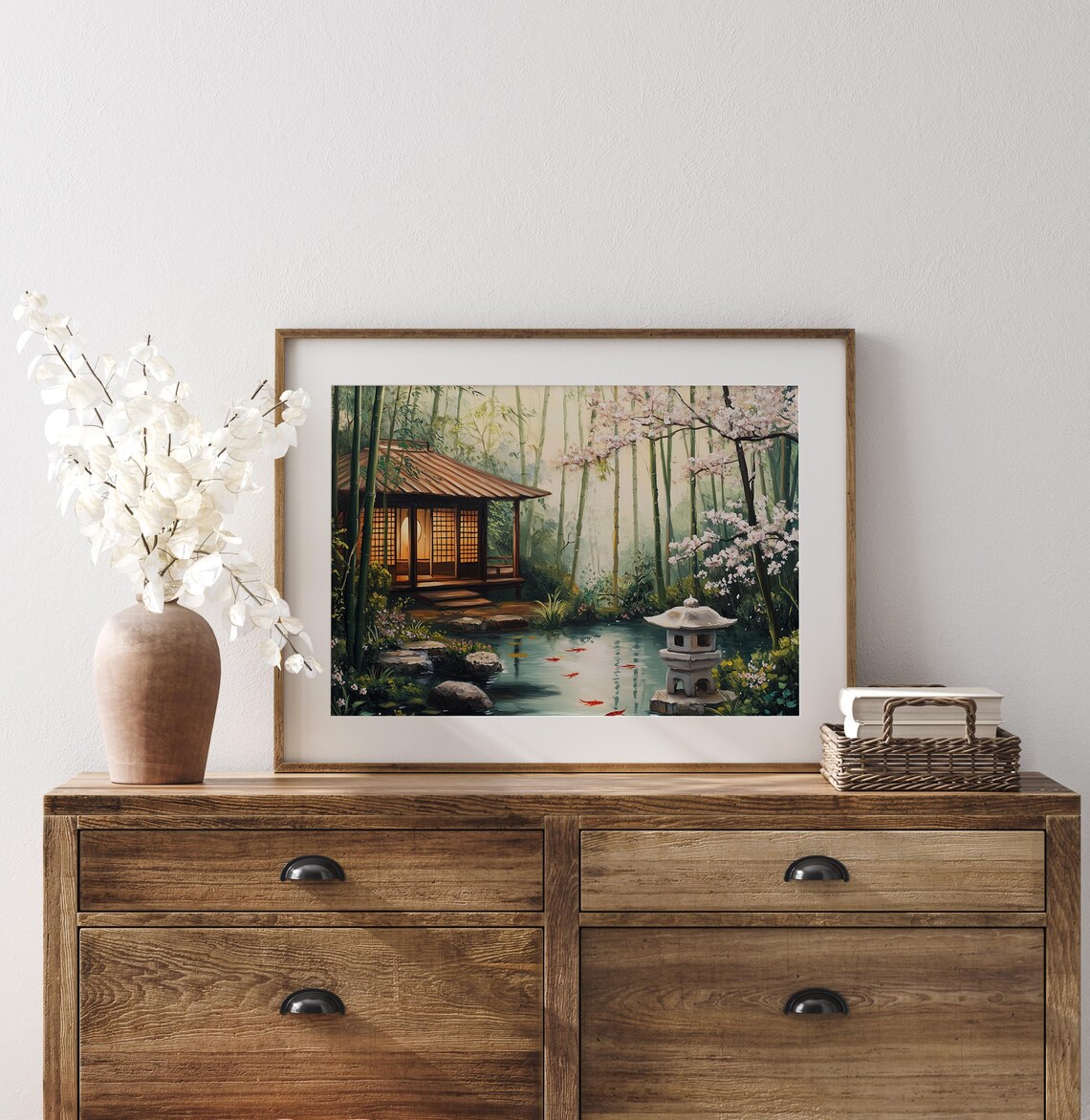 Japanese Tea House by Cherry Blossom Koi Pond Serene Garden Art Poster - Image 4