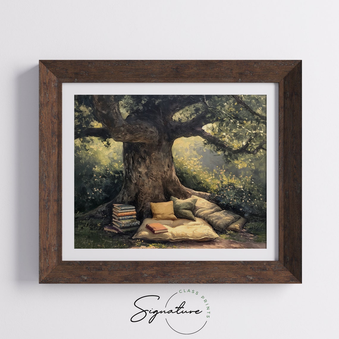 Cozy Reading Nook Under Tree Books Cushions Vintage Garden Oil Poster - Image 5