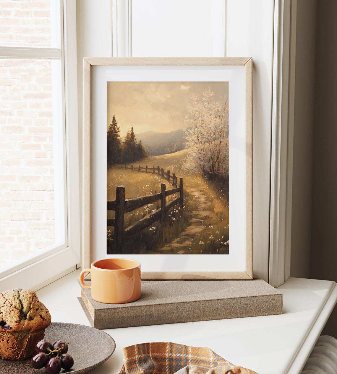 Rustic Fence On Gentle Hillside White Blossom Tree Golden Light Poster - Image 6