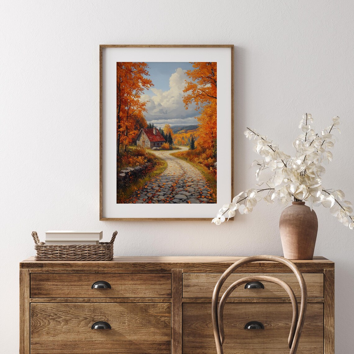 Stone Cottage on Cobblestone Lane Amid Glowing Autumn Woodland Wall Art - Image 5