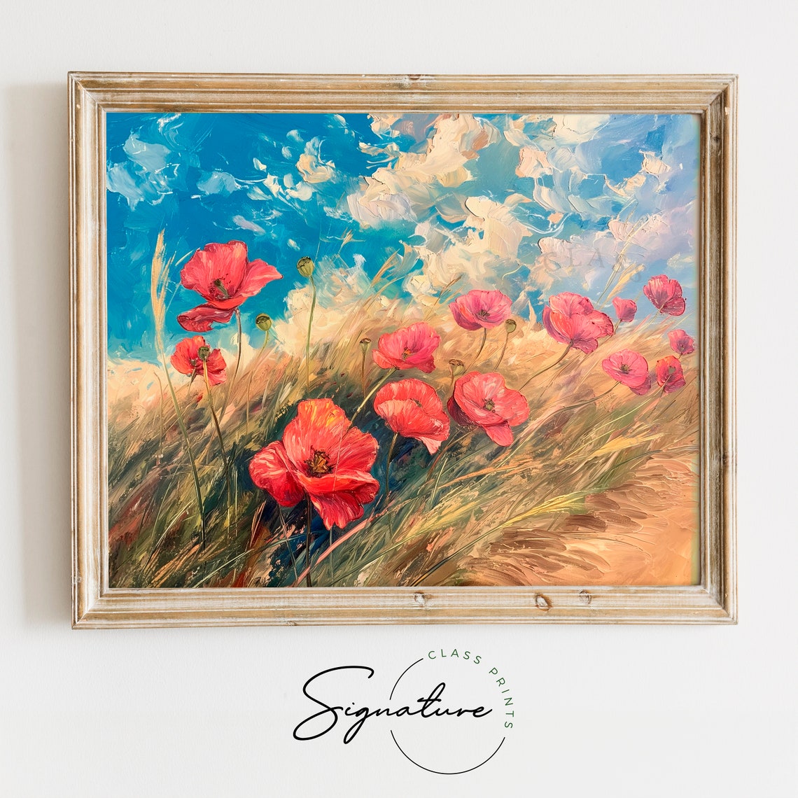 Red Poppies in Grass Bright Blue Sky Impressionist Oil Painting Poster