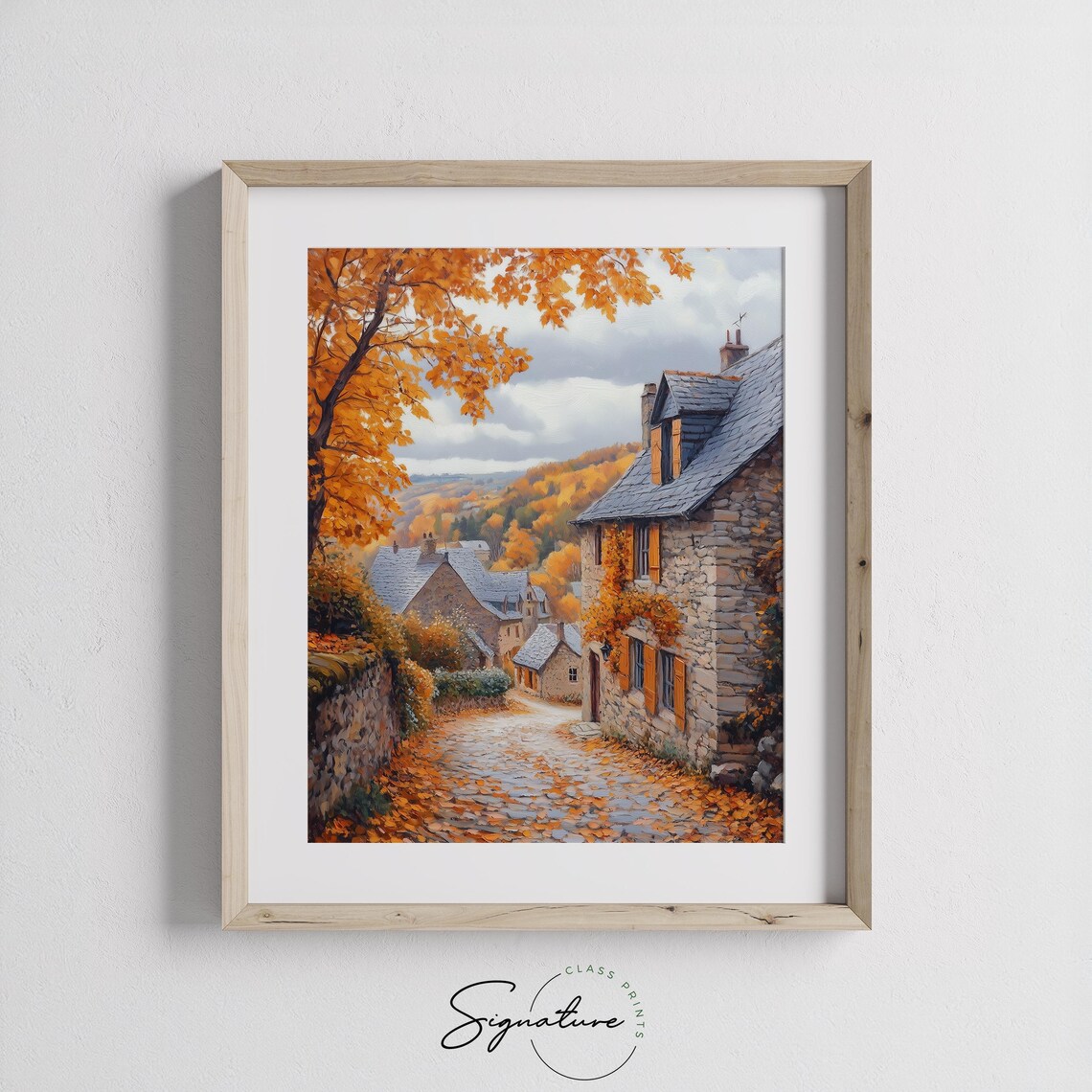 Autumn Village Street Stone Cottages Slate Roofs Orange Leaves Poster - Image 3