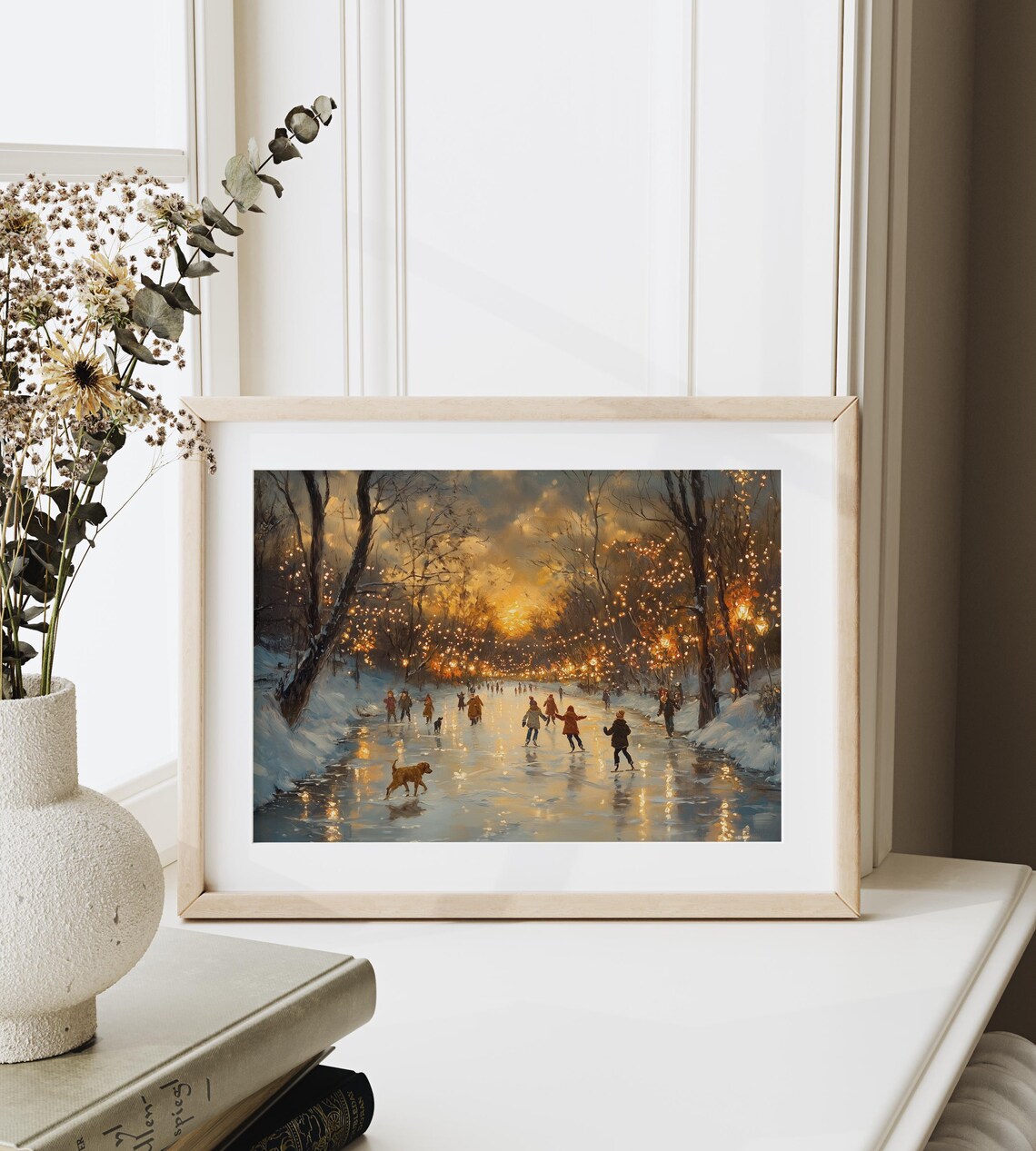 Kids Ice Skating at Golden Sunset on Outdoor Rink with Dogs Poster - Image 6