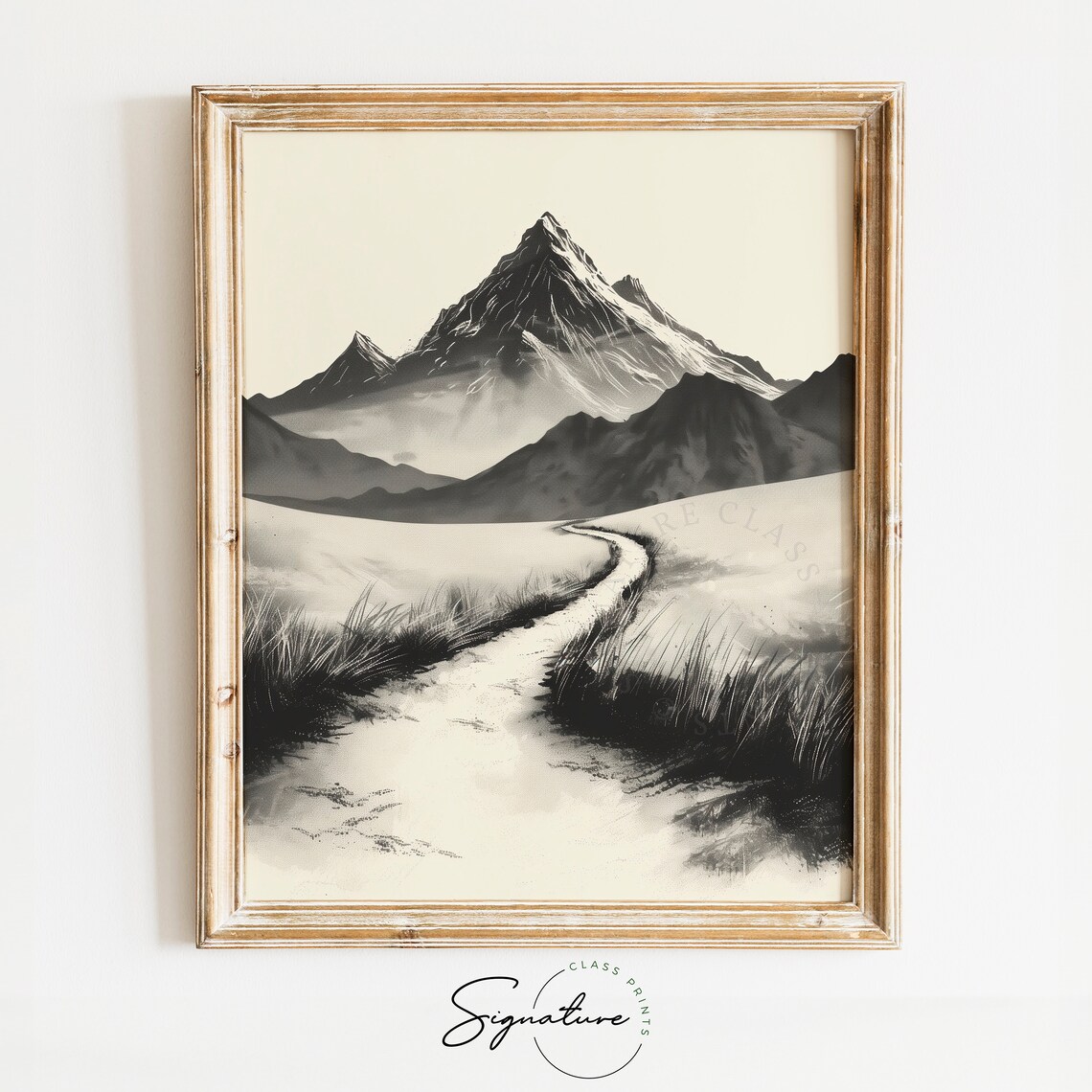Mountain Trail Art Winding Path With Distant Peaks Nature Wall Decor Serene Landscape Drawing Scenic Mountain View Art 805