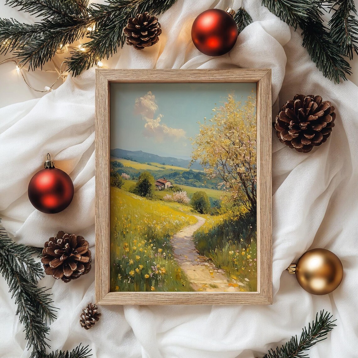 Sunny Hillside With Yellow Blossoms And A Cottage Trail Oil Painting Poster - Image 4