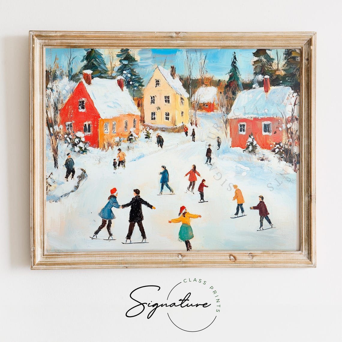 Village Ice Skaters On A Snowy Pond Impressionist Winter Art Poster