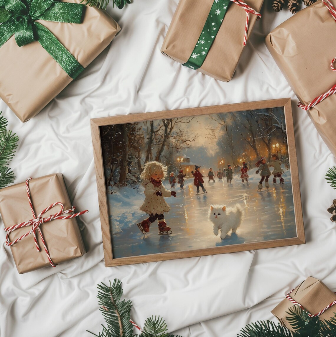 Little Girl Ice Skating With A White Kitten On A Frozen Pond Poster - Image 2