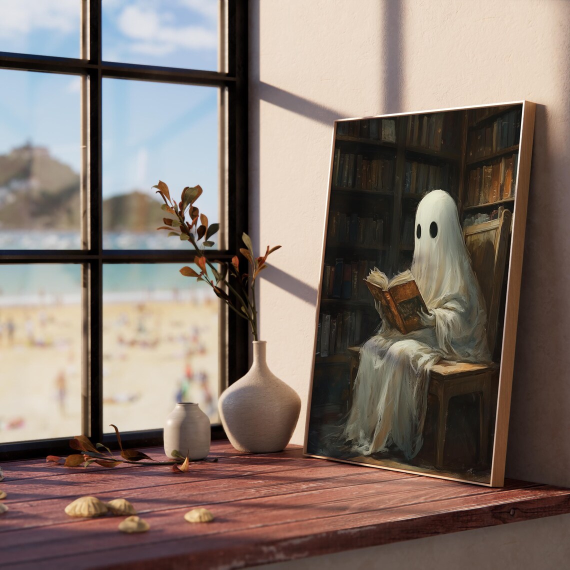 Cute Ghost Reading In Library Whimsical Halloween Book Decor Art Poster - Image 5