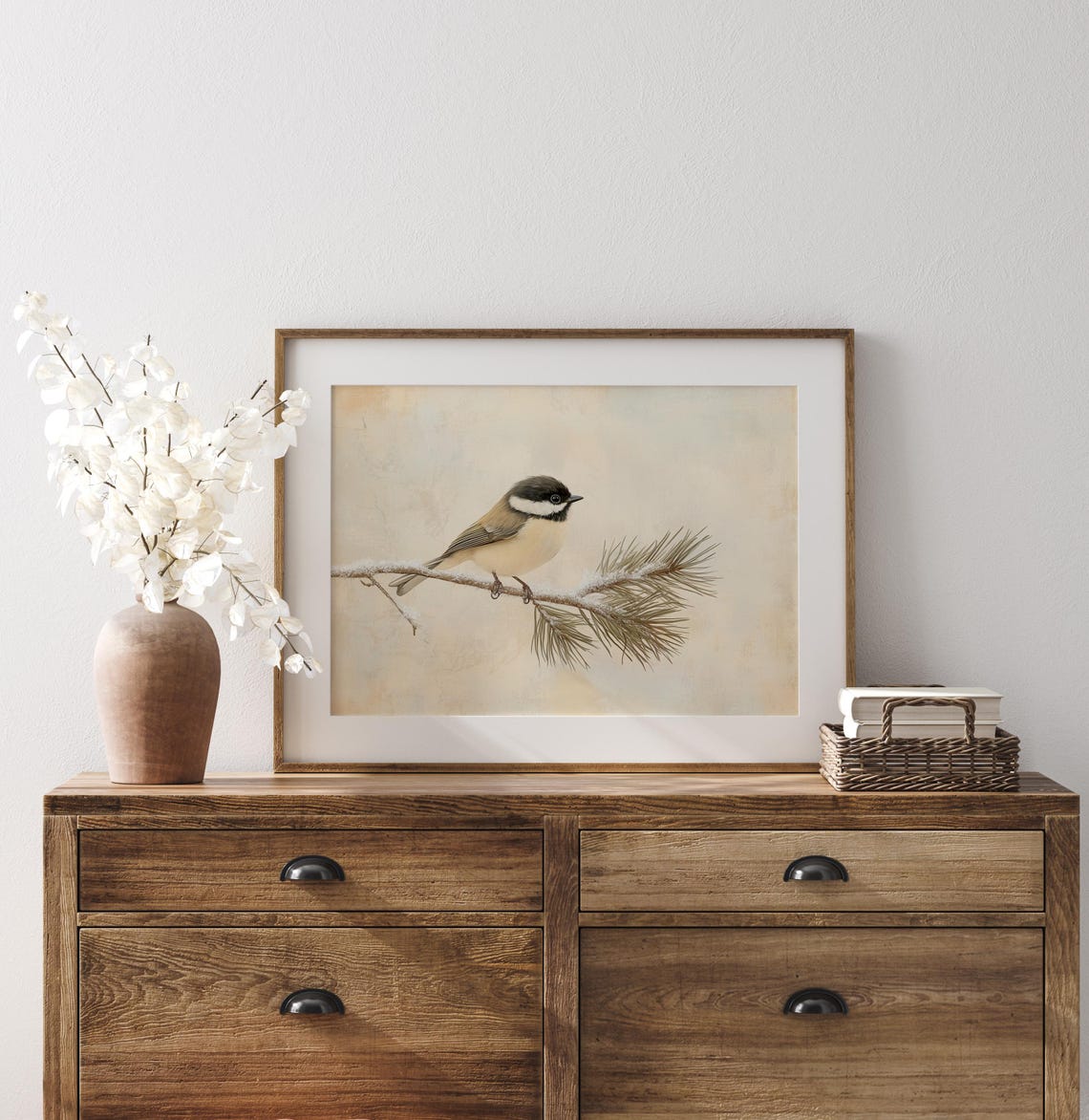 Chickadee On Snowy Pine Branch Minimal Winter Bird Art Poster - Image 2