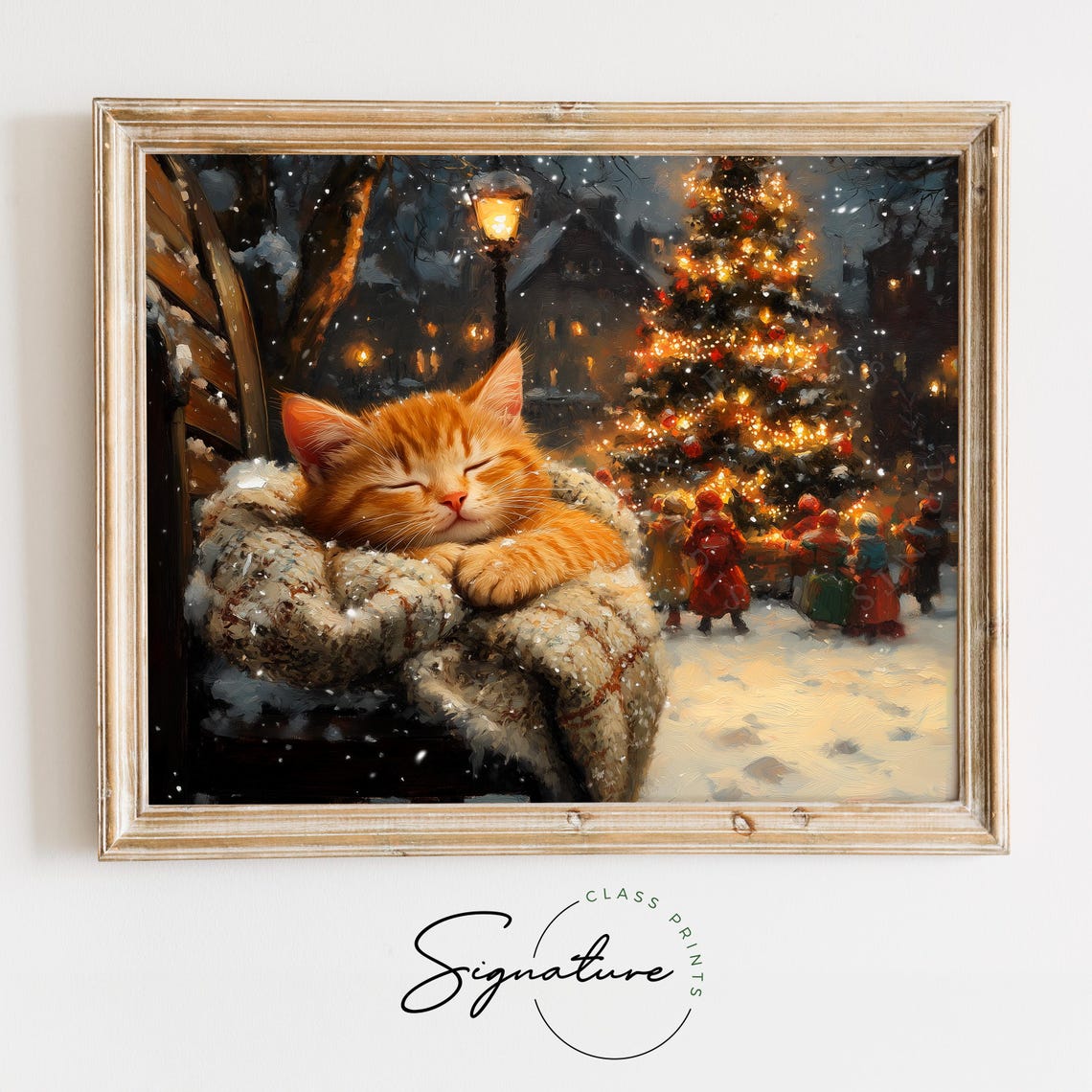 Sleeping Ginger Kitten on Snowy Blanket by Lit Christmas Tree Poster