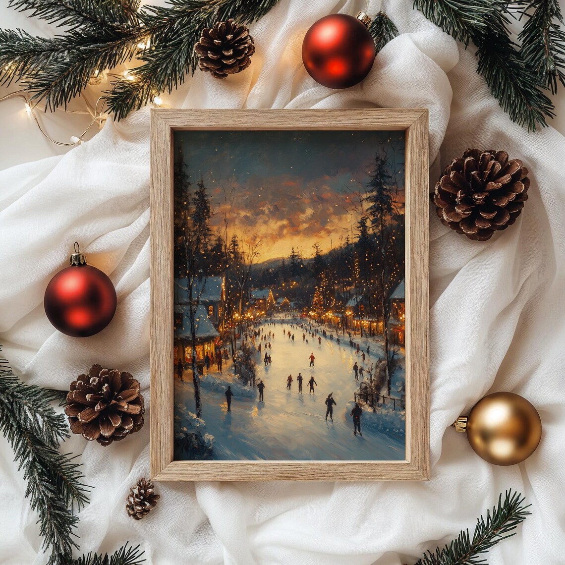 Ice Skaters on Frozen Pond in Lit Village at Winter Dusk Poster - Image 4