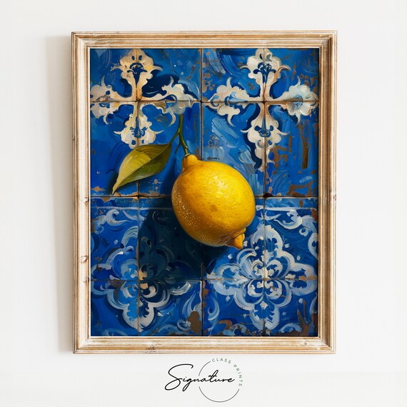 Lemon On Blue Mediterranean Tiles Citrus Still Life Art Poster
