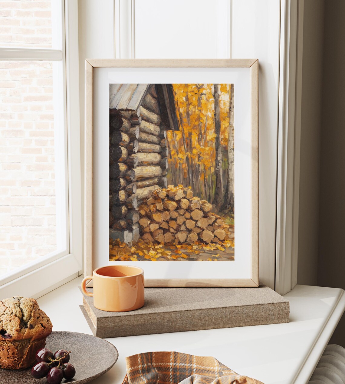 Log Cabin Firewood Pile Golden Birch Trees Autumn Woods Poster - Image 6