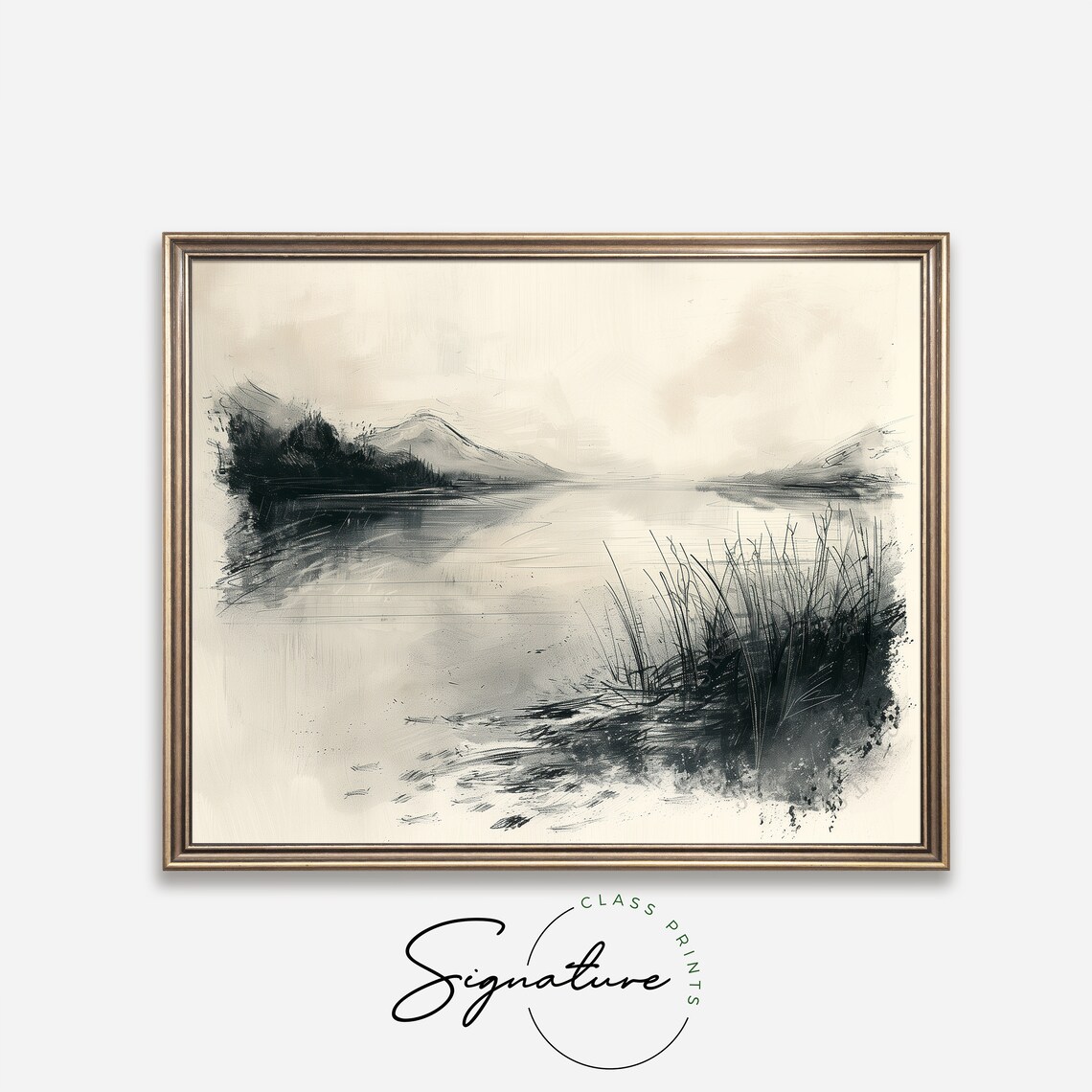Quiet Serene Misty Lake With Reeds Ink Wash Landscape Poster Art - Image 4