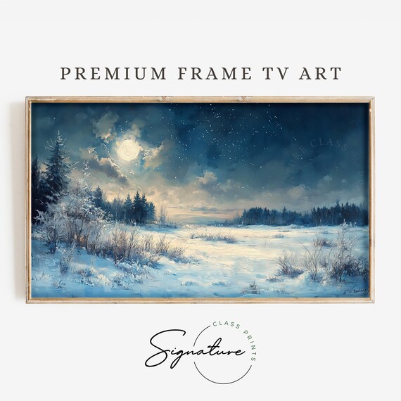Starry Winter Landscape Tv Art Snowy Field Frame Tv Art Moody Nature Painting Deep Colors Wall Decor 3435