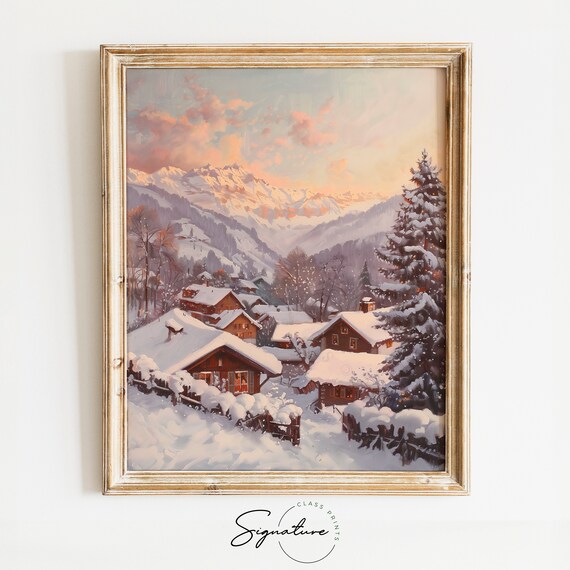 Snowy Alpine Village At Dusk Chalet Lights Winter Evening Poster