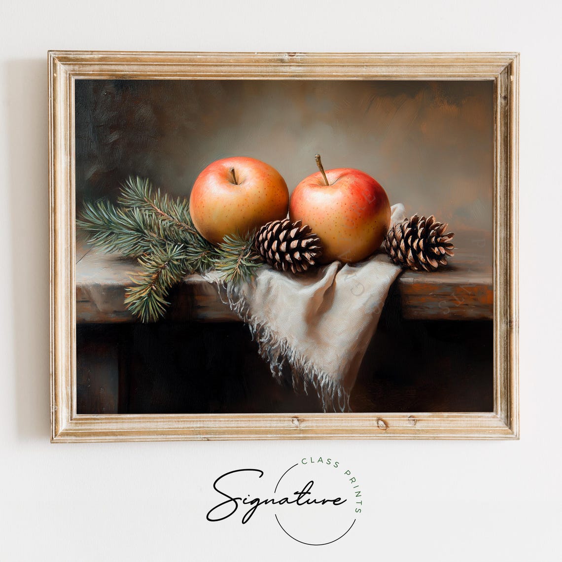 Autumn Apples Pinecones Still Life Oil Painting Rustic Kitchen Poster