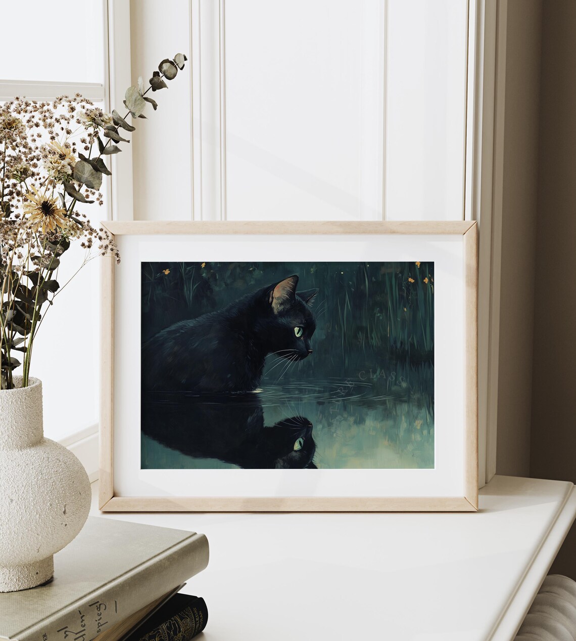Black Cat Gazing at Its Reflection in Dark Mysterious Waters at Night Poster - Image 6