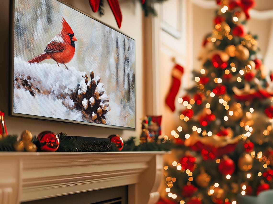 Bright Red Cardinal Resting On Snowy Pinecone Winter TV Art Poster - Image 5