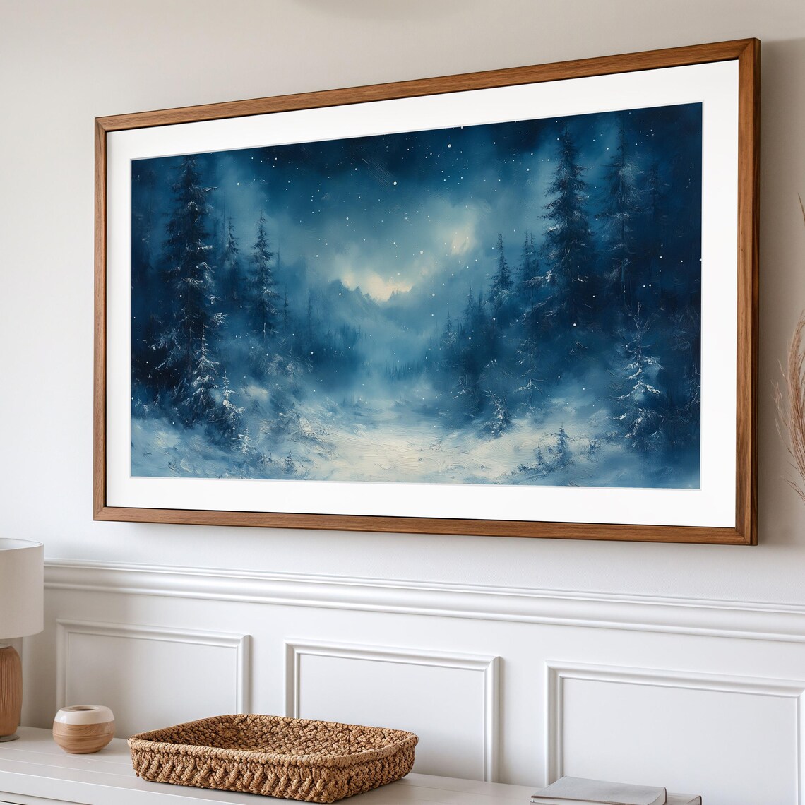 Winter Forest Under Stars Snowy Pines Night Mist Moonlit Woodland Poster - Image 2