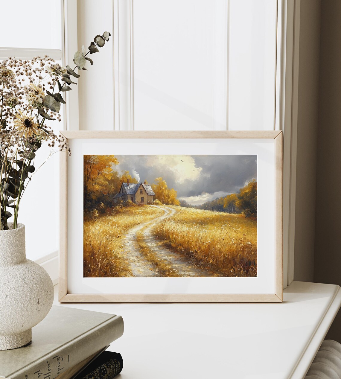 Country Farmhouse With Chimney Smoke Golden Grass Autumn Evening Poster - Image 6