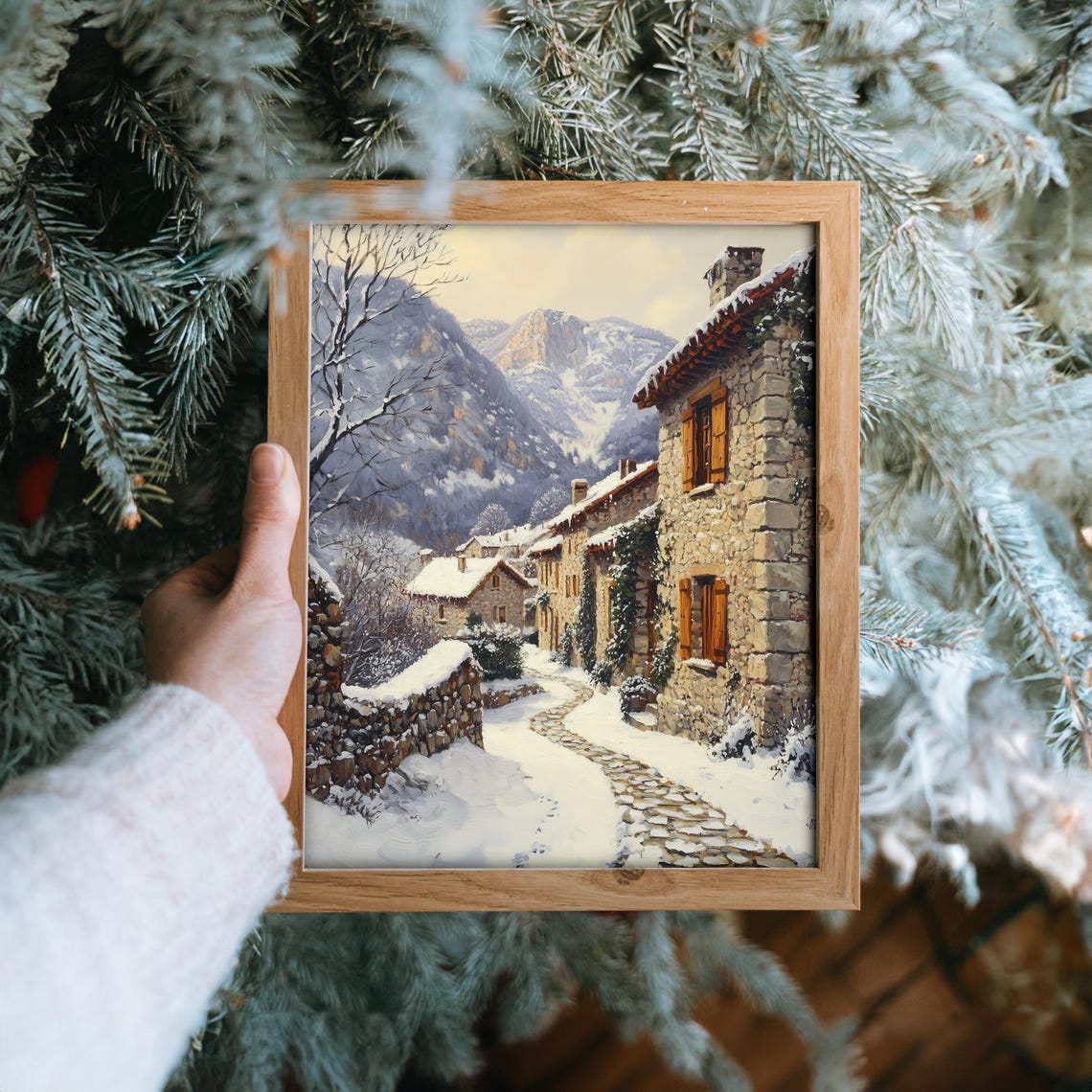 Alpine Stone Village Lane at Sunrise Snowy Mountain Scene Poster - Image 6