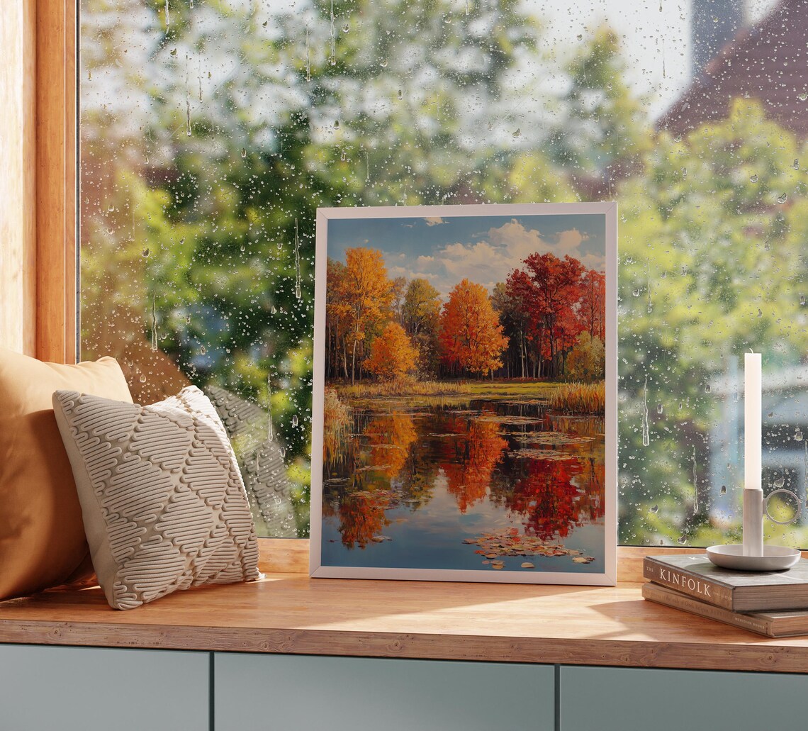 Autumn Lakeside Reflection Vintage Fall Trees Crisp Blue Sky Art Poster - Image 2