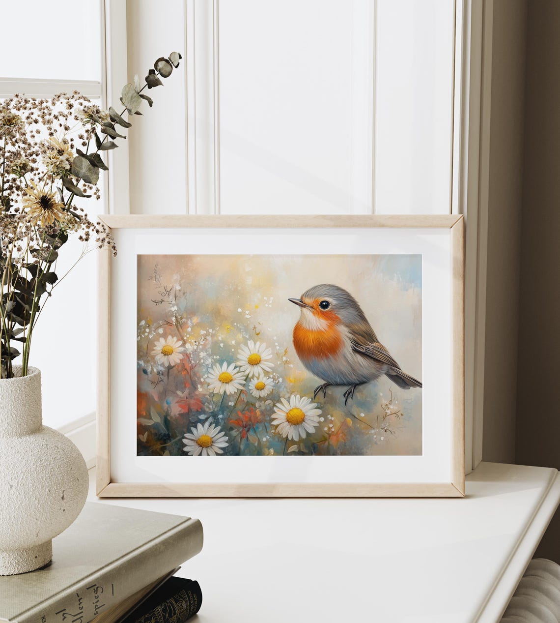 Robin Standing Among White Daisies In Soft Pastel Spring Wall Art - Image 6