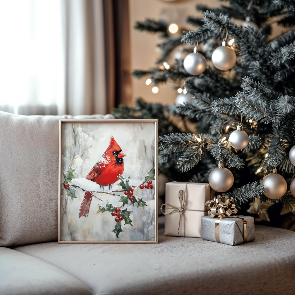 Red Cardinal on Snowy Branch Christmas Bird Art - Image 5