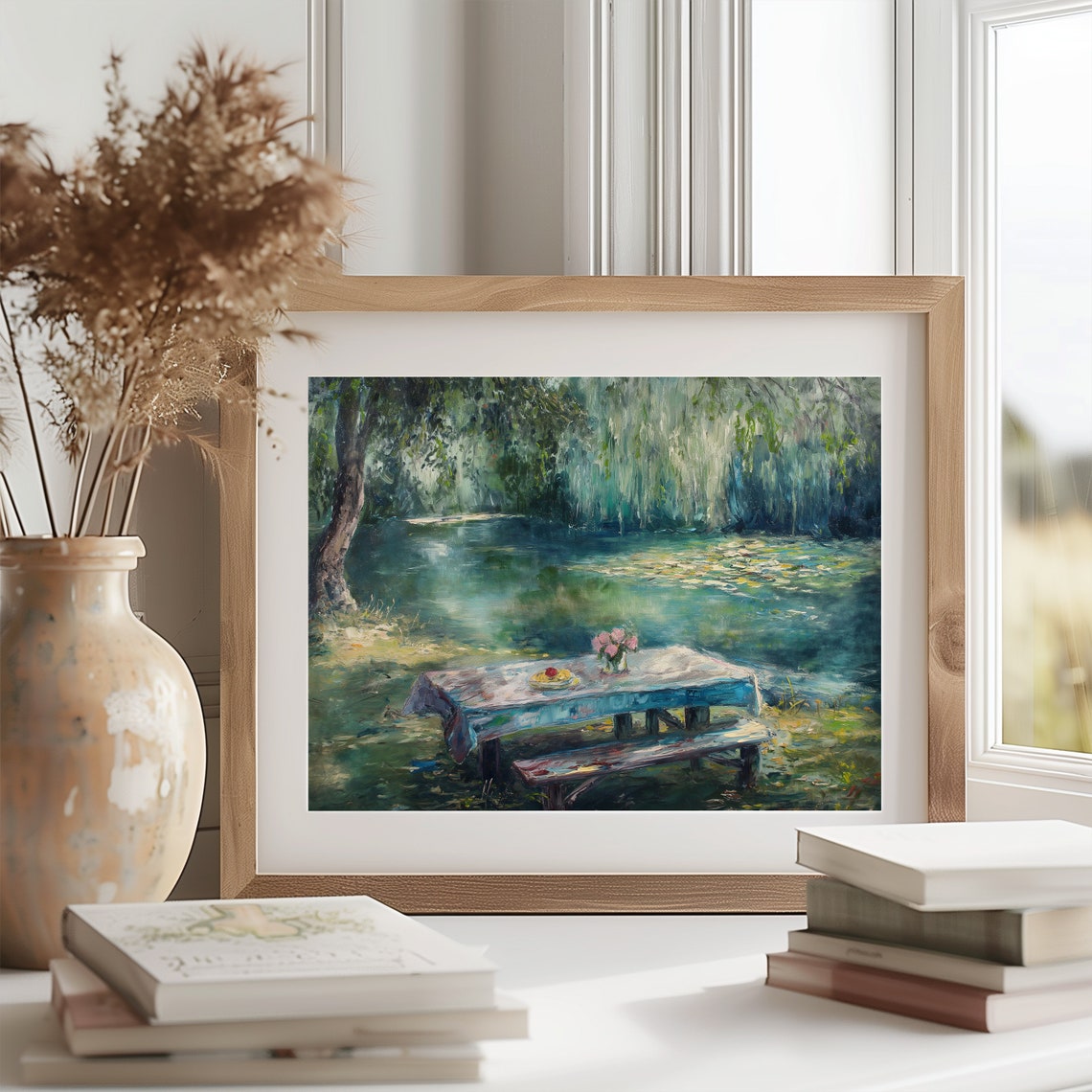 Picnic Table by a Willow Lined Lake Impressionist Summer Poster - Image 2