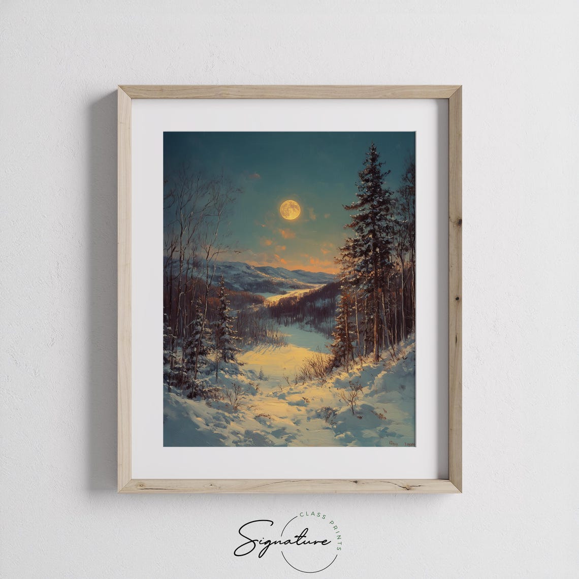Full Moon Rising Over Snowy Forest Hillside Winter Night Poster - Image 2