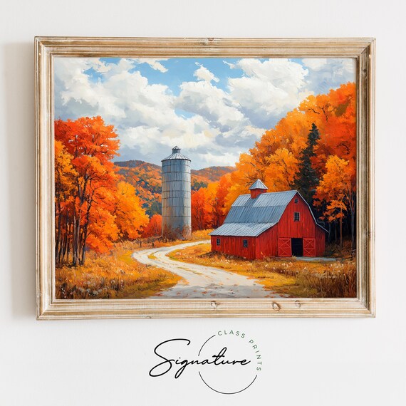 Red Barn Silo Autumn Country Road Fall Farm Landscape Wall Art