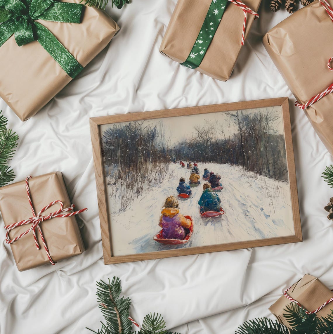 Children Sledding Downhill On Red Sleds Joyful Winter Poster - Image 2
