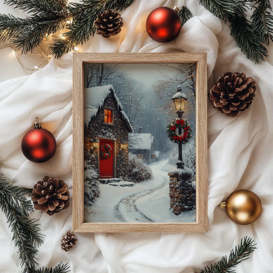 Christmas Cottage with Red Door Wreath and Lamppost Winter Poster - Image 4