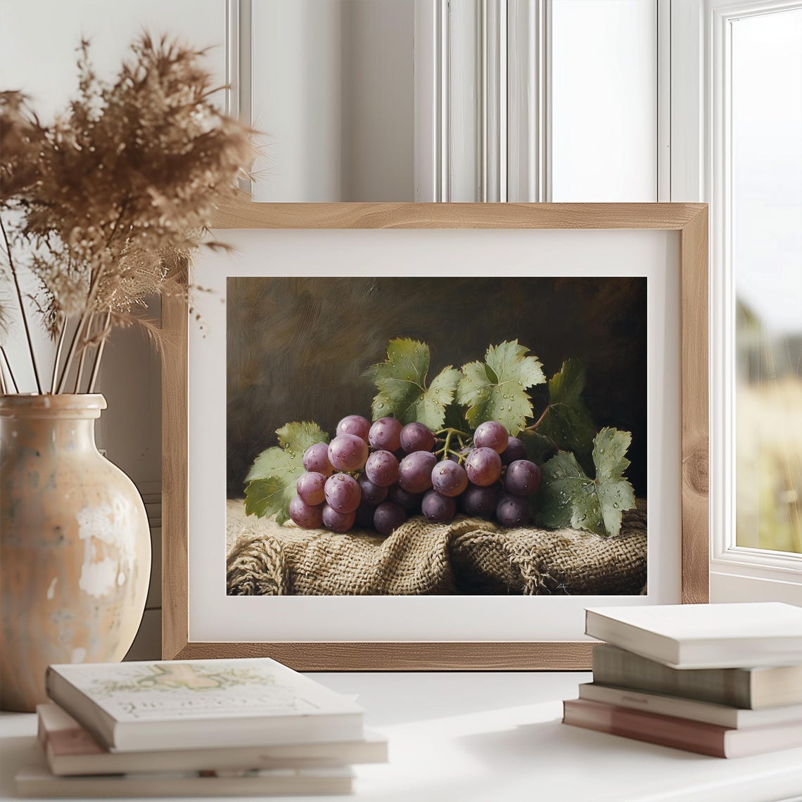 Purple Grapes Still Life Painting Burlap Rustic Fruit Decor Poster - Image 2