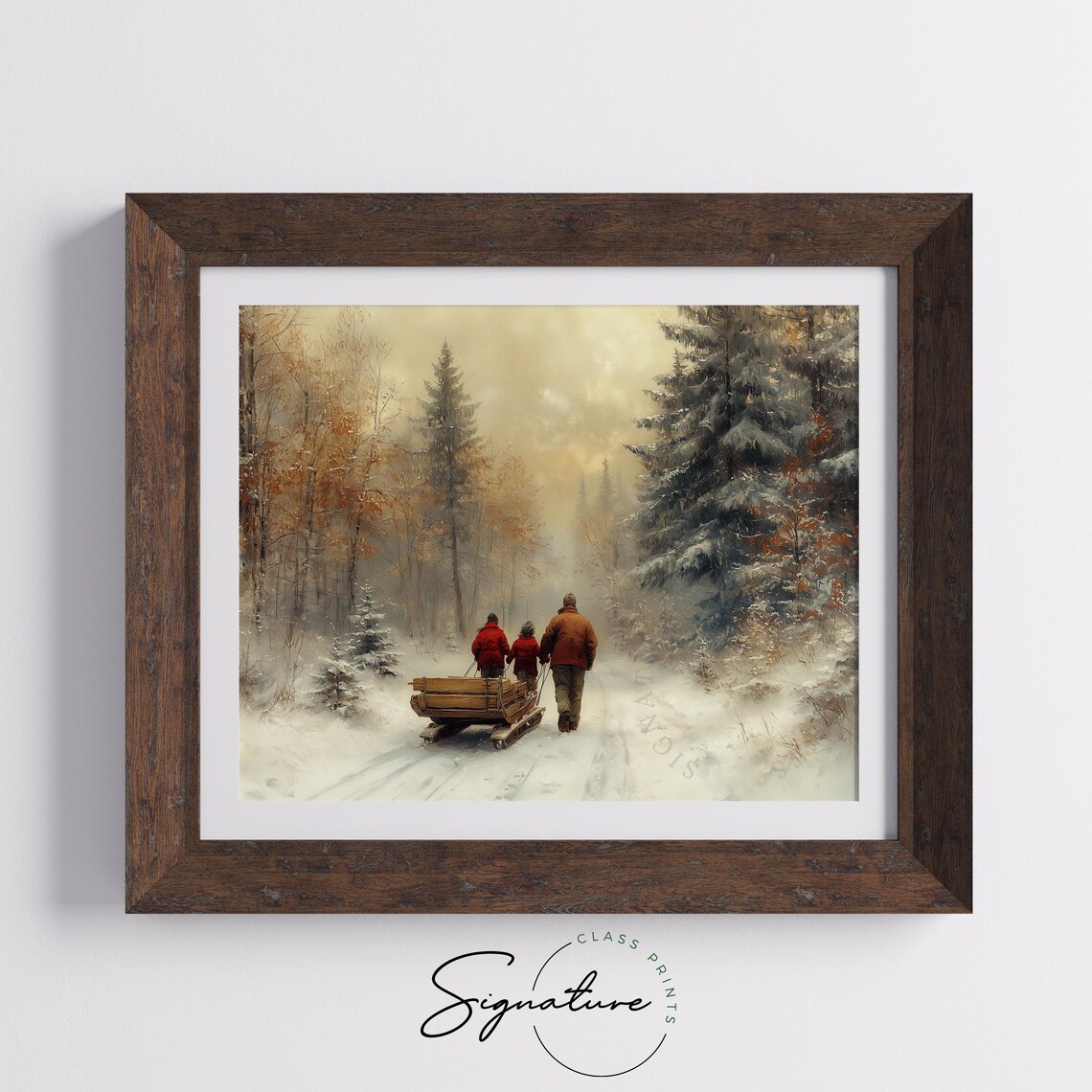 Family With Wooden Sled Walking Through Snowy Forest Winter Poster - Image 5