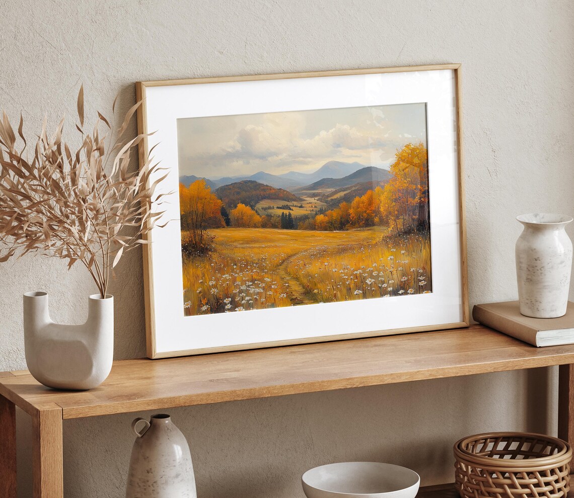 Golden Autumn Meadow With Wildflowers Path To Distant Hills Poster - Image 4