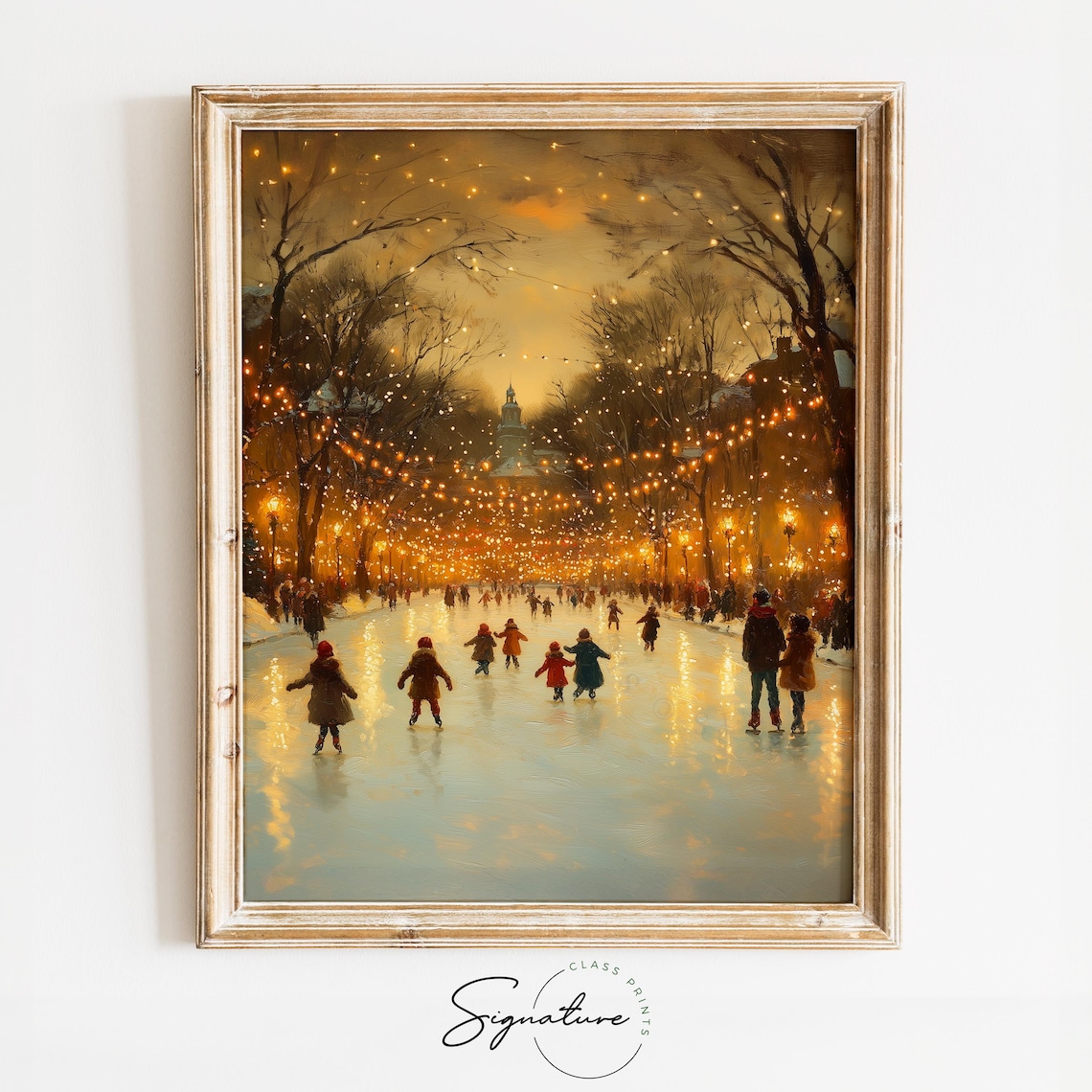 Ice Skating Children Under Christmas Lights, Vintage Print