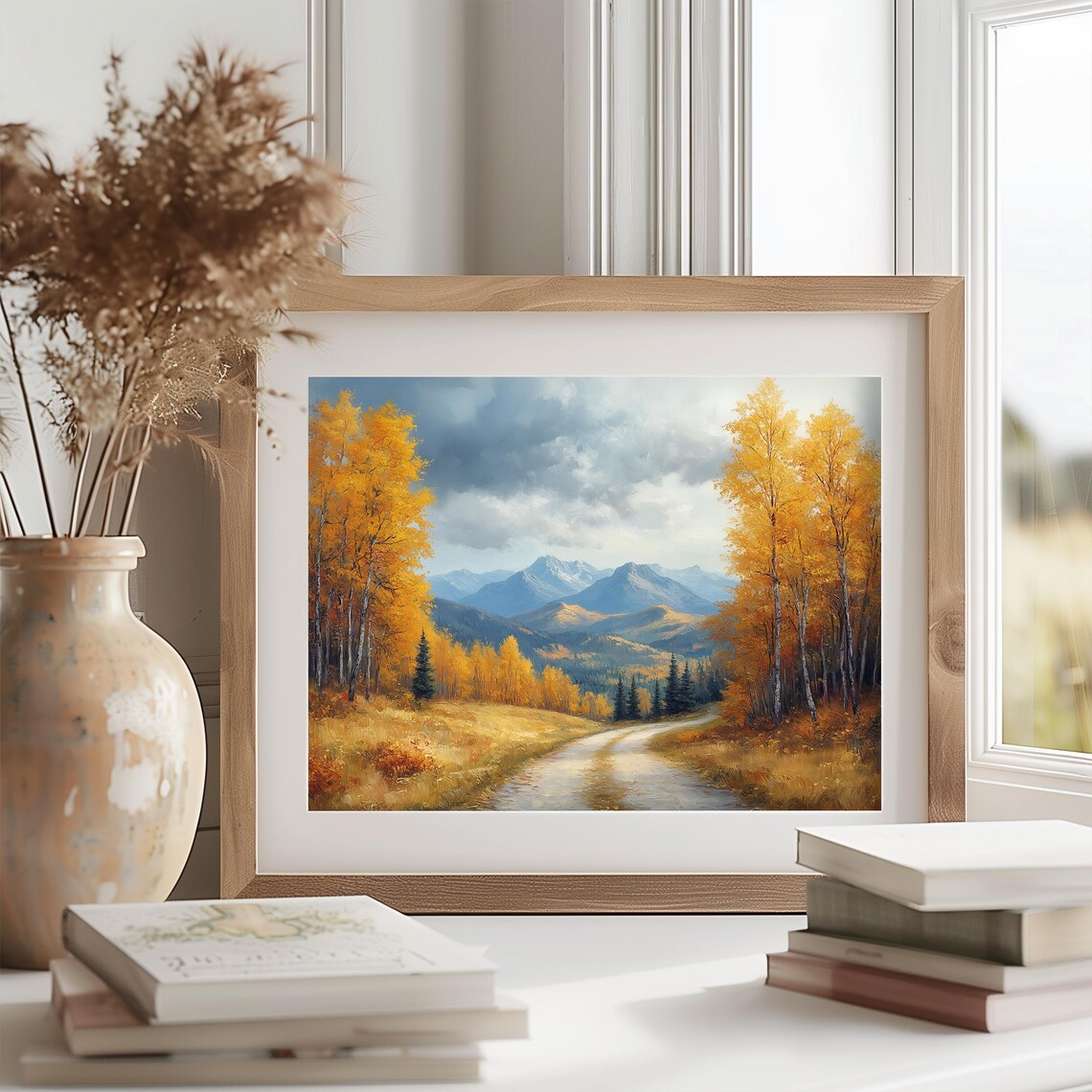 Golden Aspen Road Mountain Valley Oil Painting Autumn Poster - Image 2