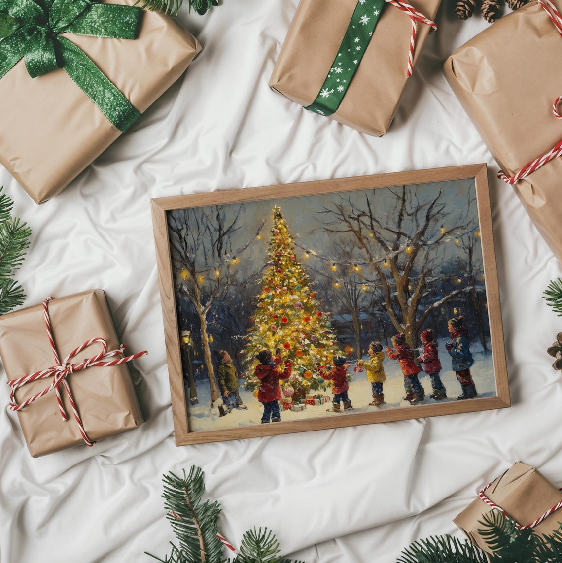 Seven Children Decorating a Big Outdoor Christmas Tree in Snow Poster - Image 2