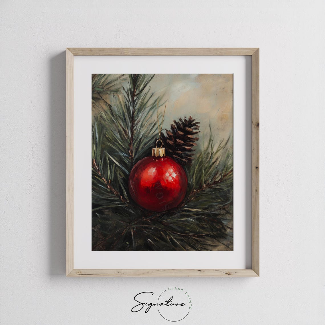 Red Christmas Ornament on Pine Branch Rustic Oil Painting Print - Image 2